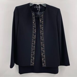 Kasper 2 Piece Black Beaded Embellished Lined Jacket Zip Skirt Suit Set Office